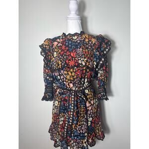 NWT Farmrio Black Floral Half Sleeve Back Zip Mini Dress Sz S